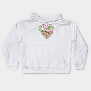 Floral heart with Blue Parrot Kids Hoodie